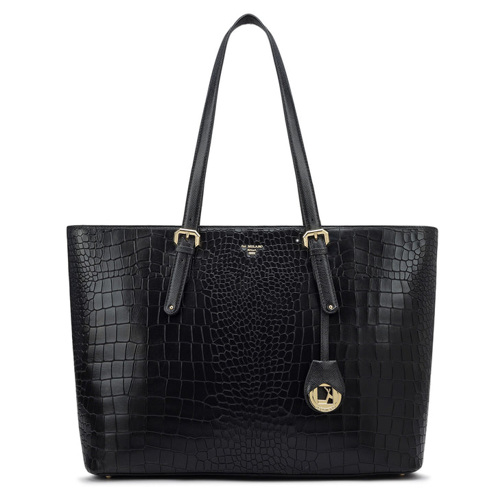 Large Croco Leather Tote - Black