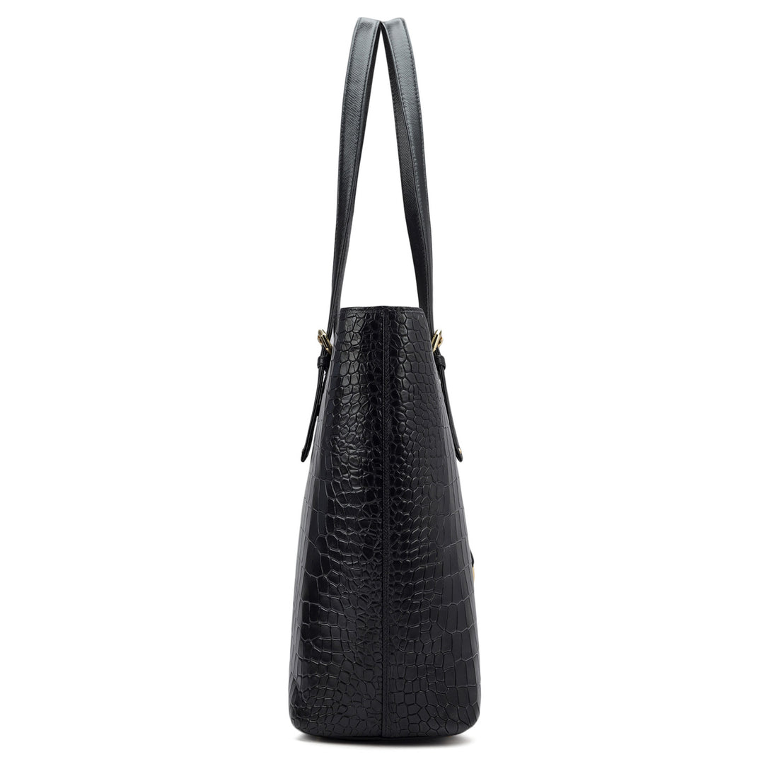 Large Croco Leather Tote - Black