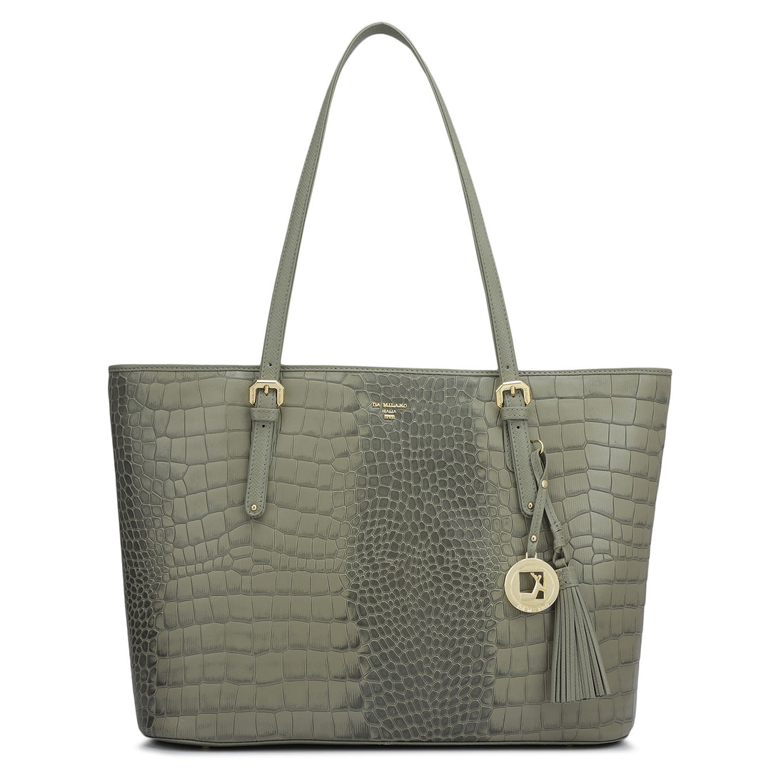 Large Croco Leather Tote - Stone Grey