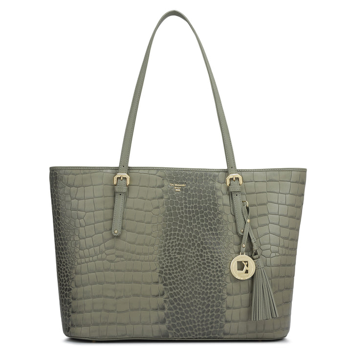 Large Croco Leather Tote - Stone Grey