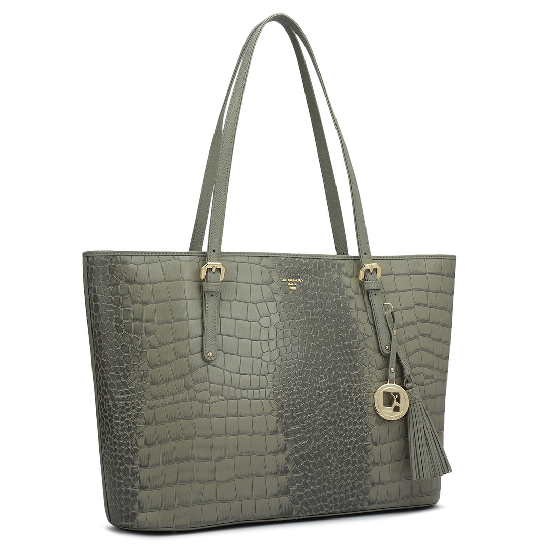 Large Croco Leather Tote - Stone Grey