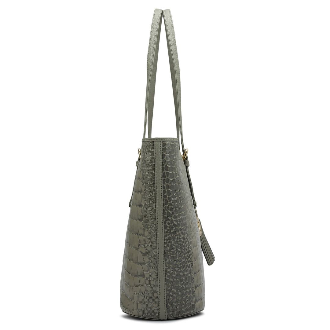 Large Croco Leather Tote - Stone Grey