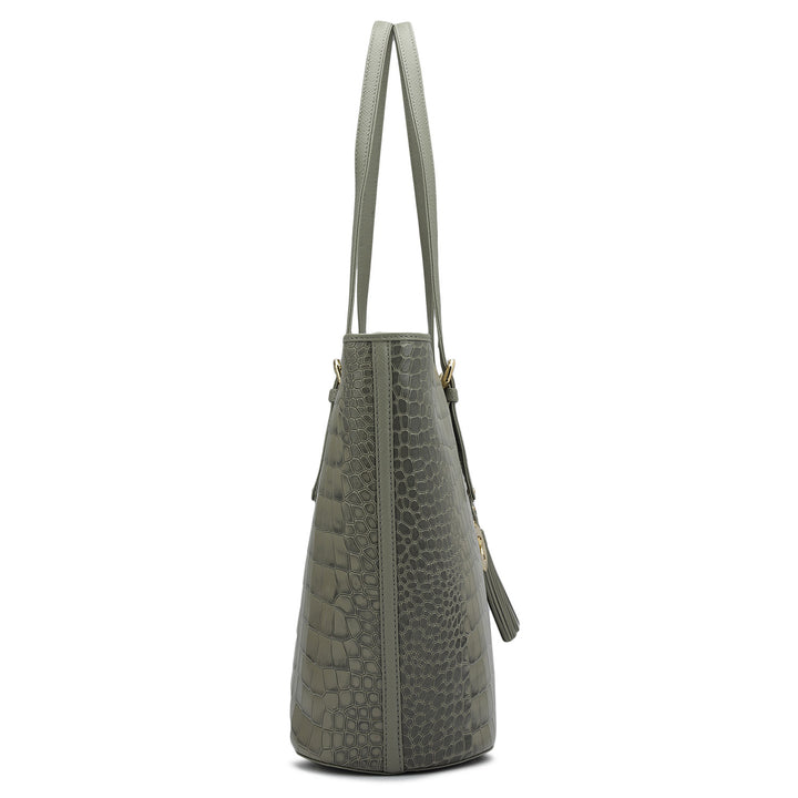 Large Croco Leather Tote - Stone Grey