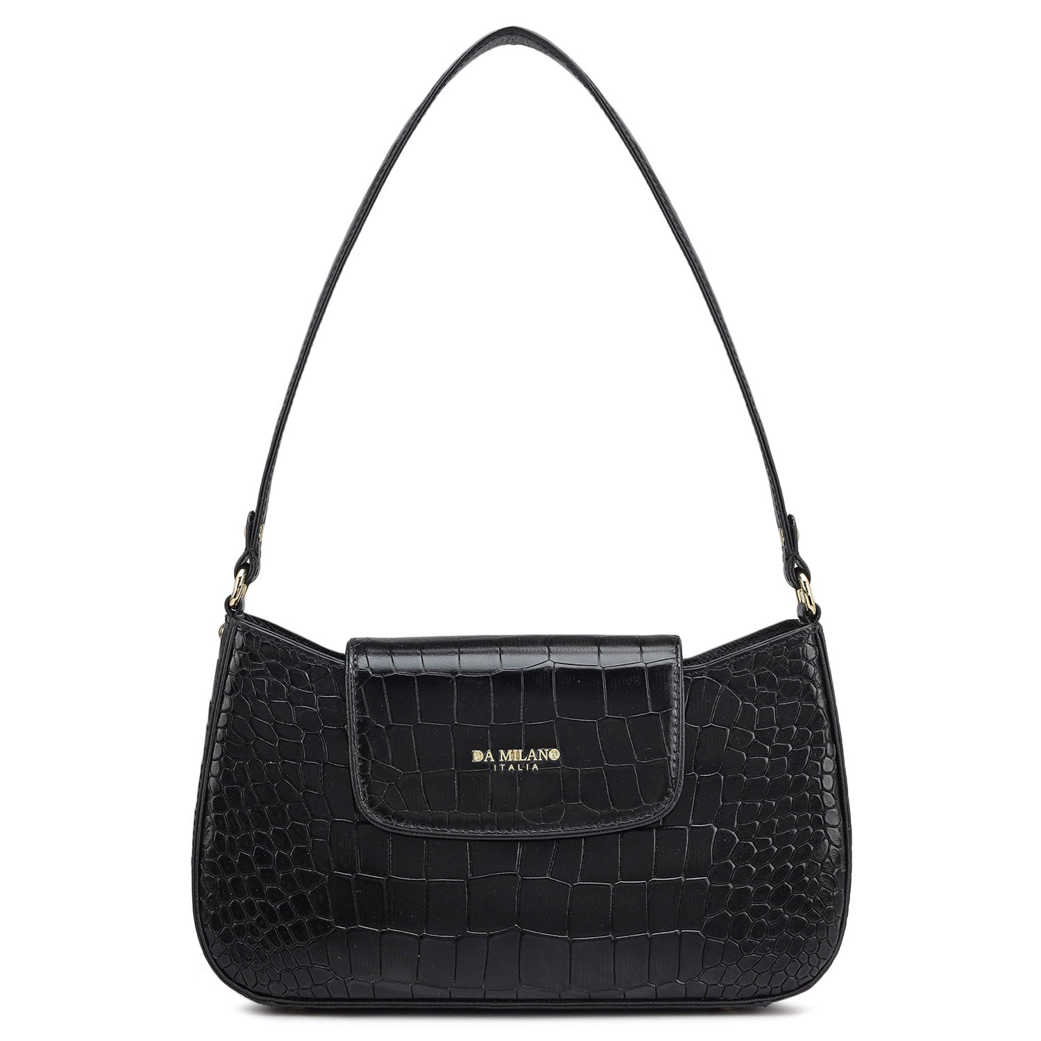 Small Croco Leather Shoulder Bag Black Da Milano