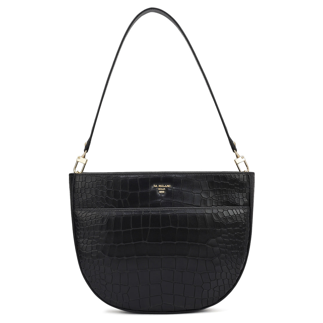 Small Croco Leather Baguette - Black