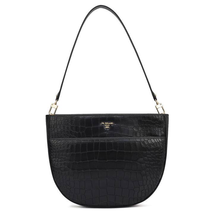 Small Croco Leather Baguette - Black