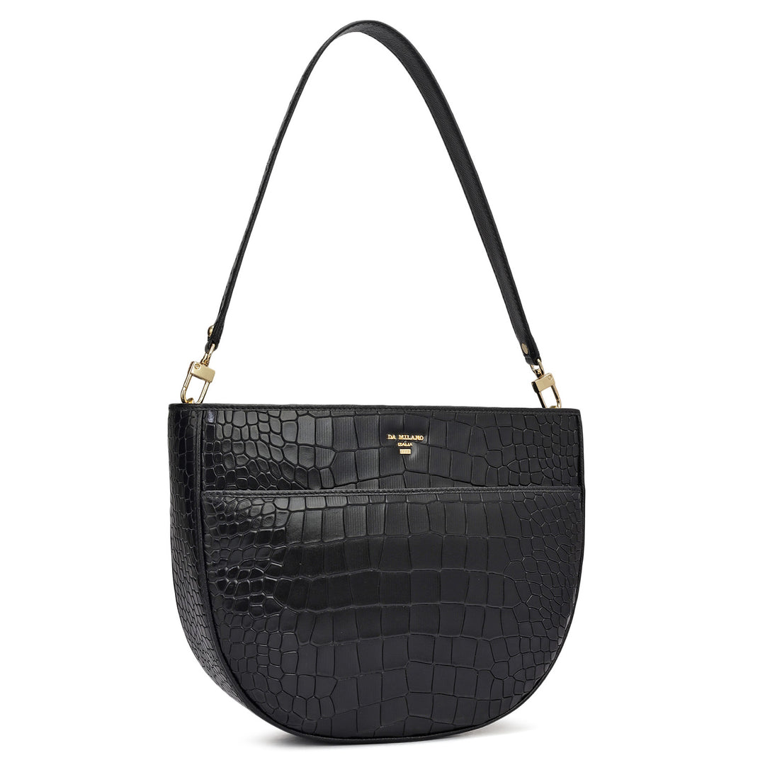 Small Croco Leather Baguette - Black