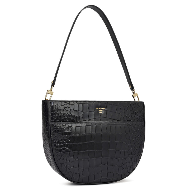 Small Croco Leather Baguette - Black