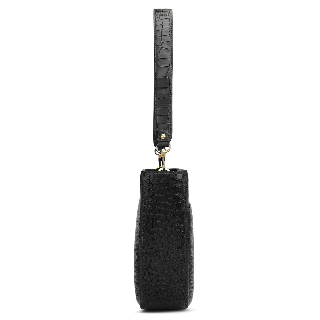 Small Croco Leather Baguette - Black
