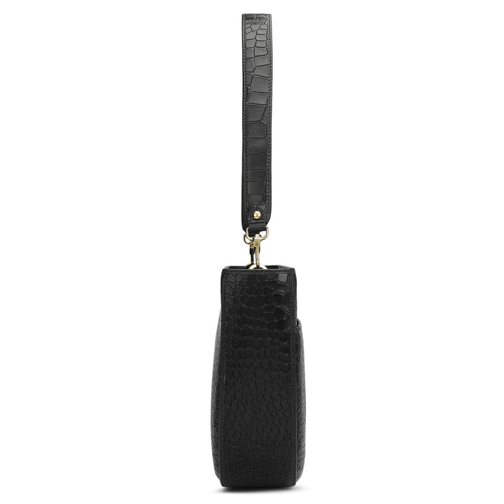 Small Croco Leather Baguette - Black