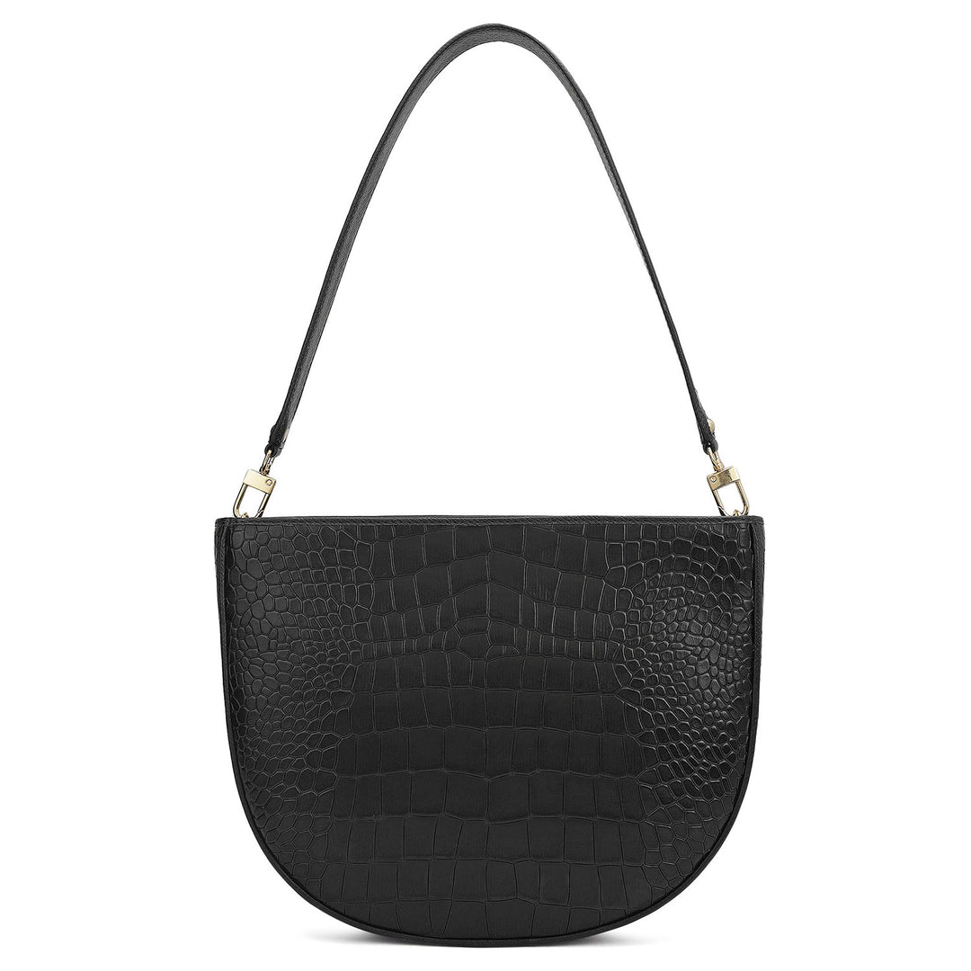 Small Croco Leather Baguette - Black