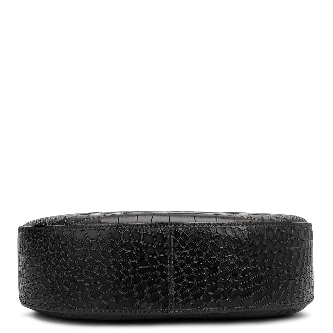 Small Croco Leather Baguette - Black
