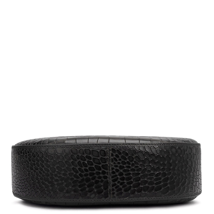 Small Croco Leather Baguette - Black