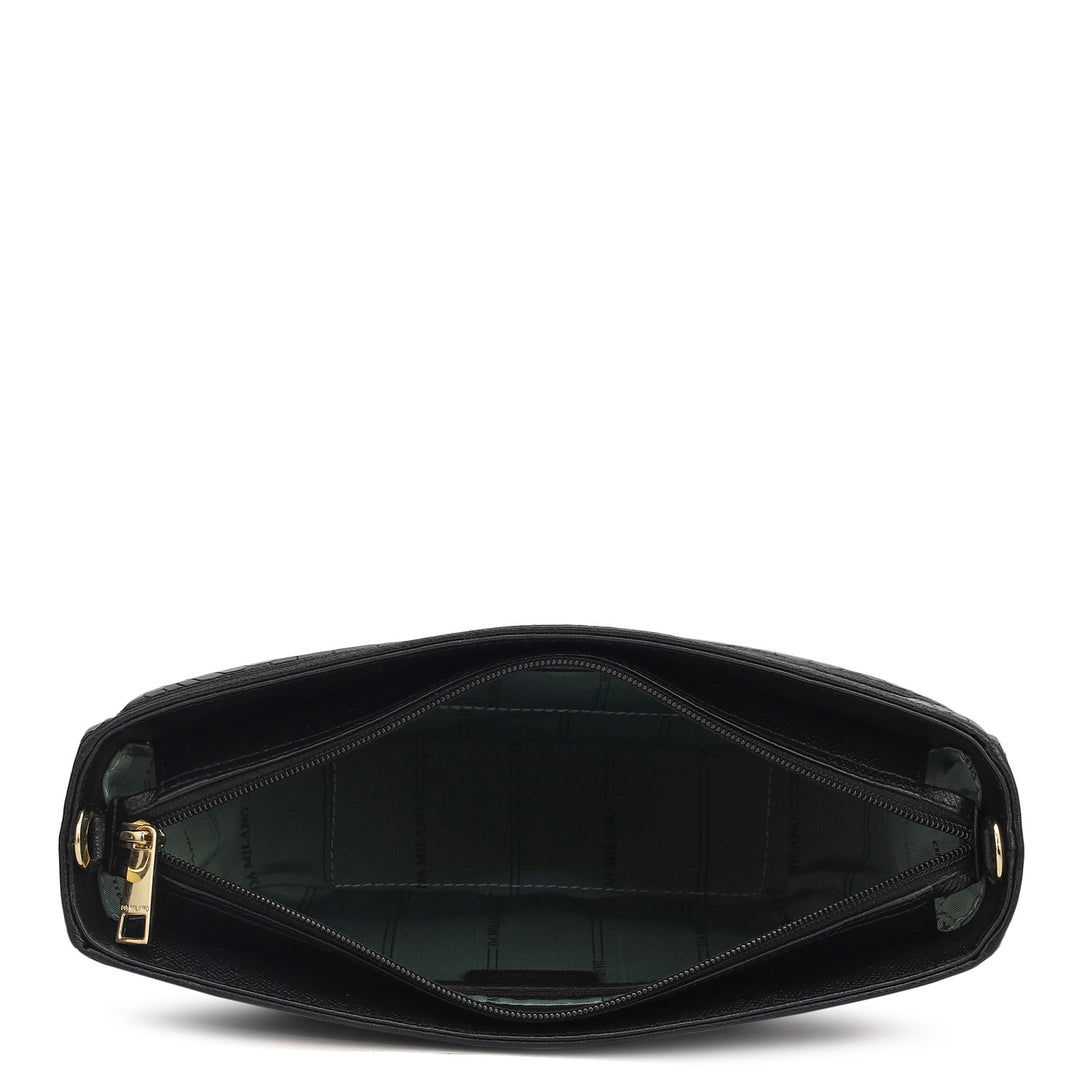 Small Croco Leather Baguette - Black