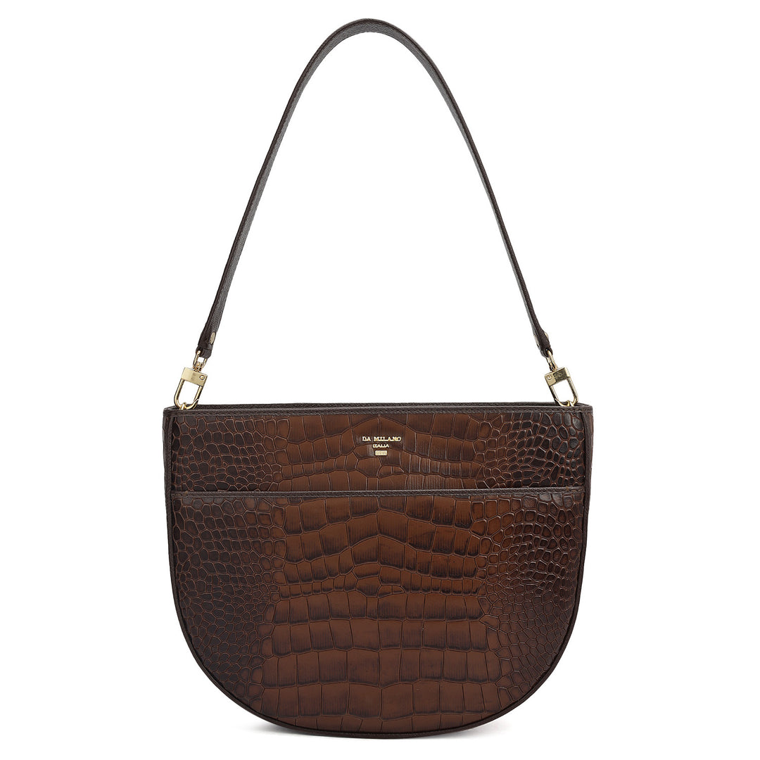 Small Croco Leather Baguette - Brown