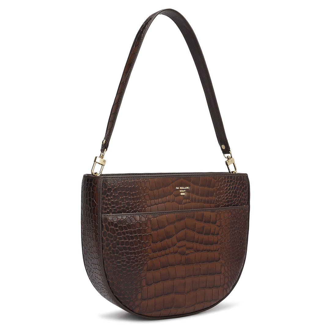 Small Croco Leather Baguette - Brown