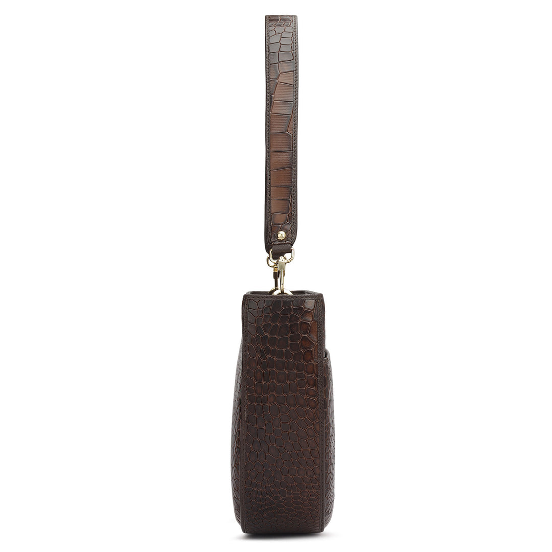 Small Croco Leather Baguette - Brown
