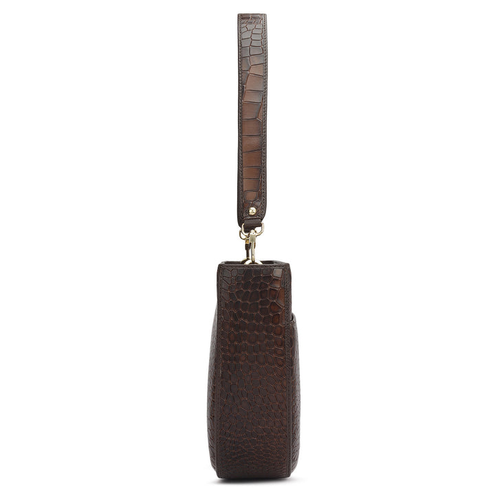 Small Croco Leather Baguette - Brown