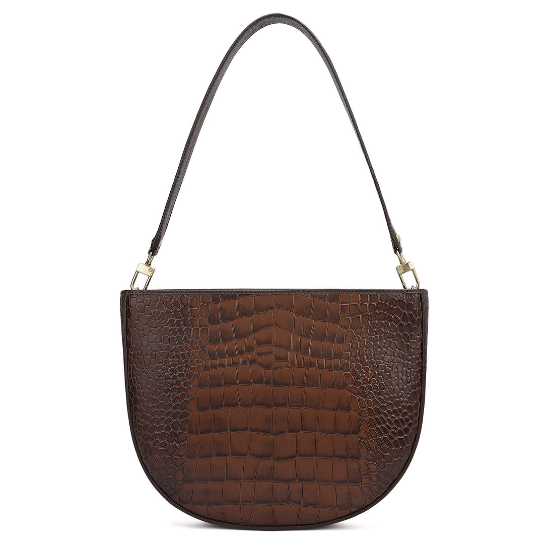 Small Croco Leather Baguette - Brown