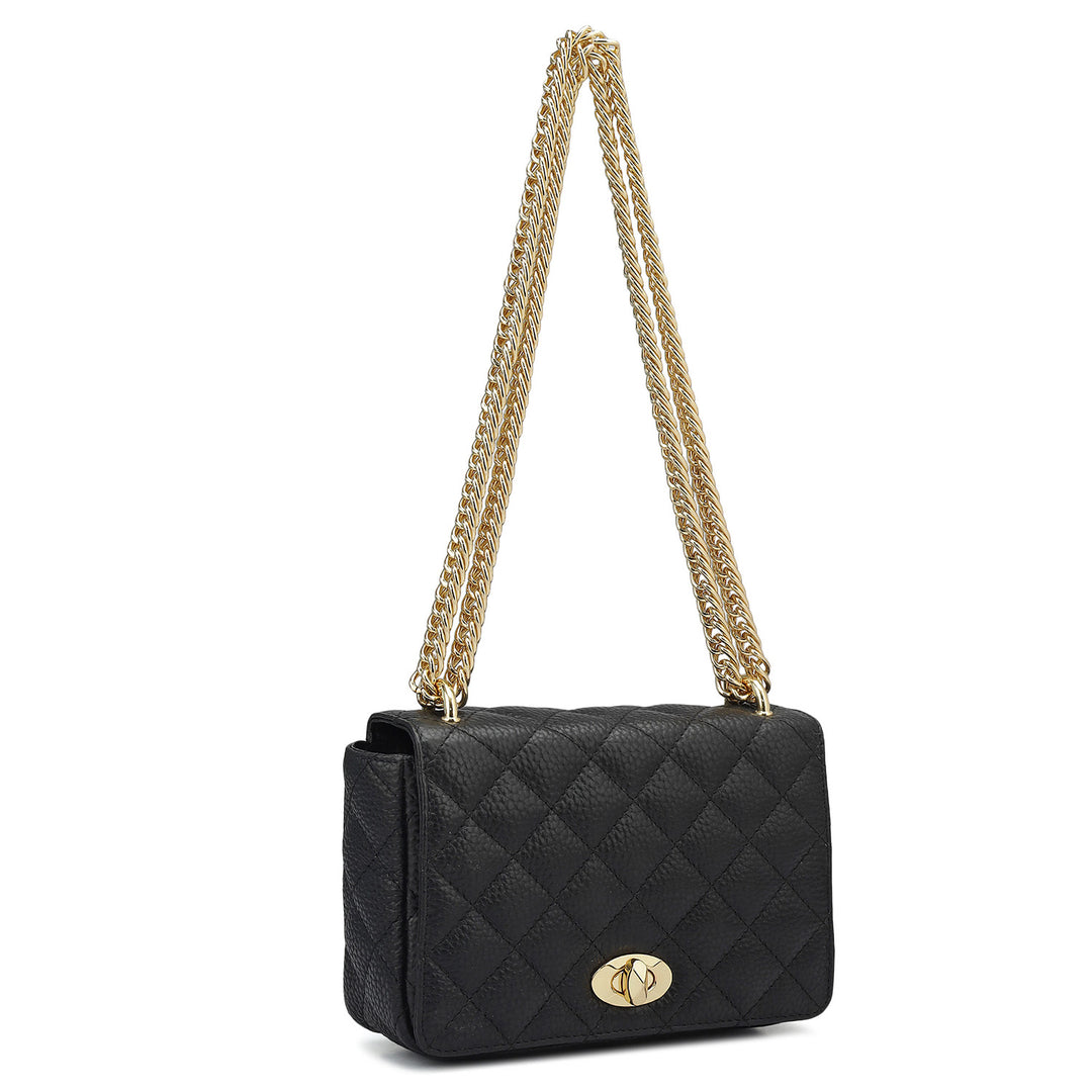 Small Quilting Leather Shoulder Bag - Black