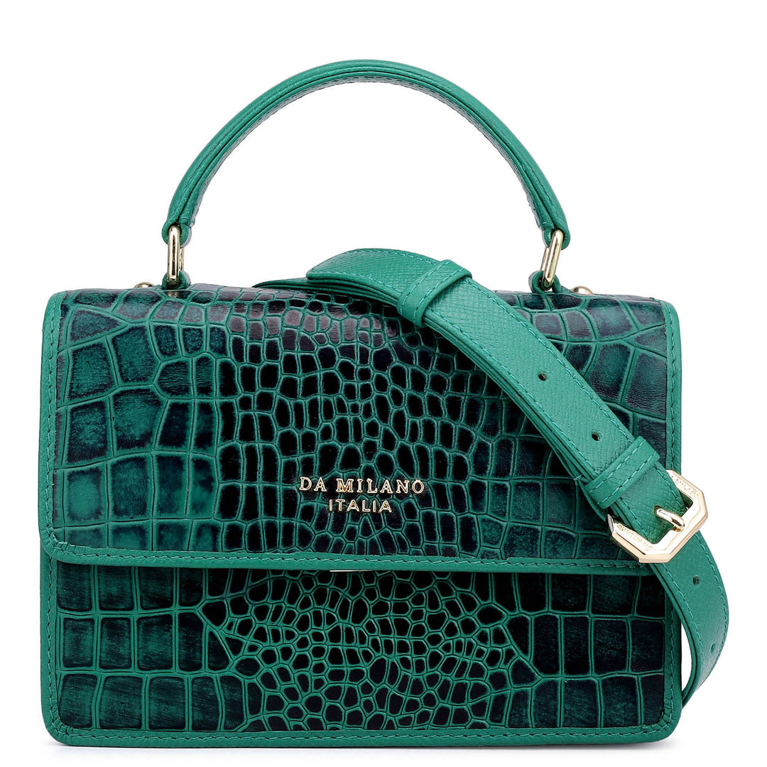 Small Croco Leather Satchel - Emerald Green