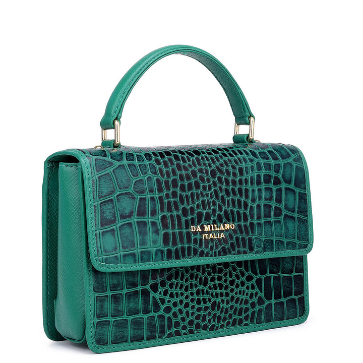 Small Croco Leather Satchel - Emerald Green
