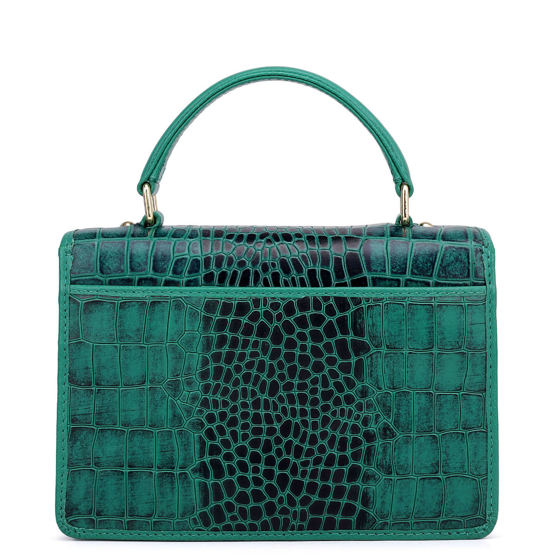 Small Croco Leather Satchel - Emerald Green