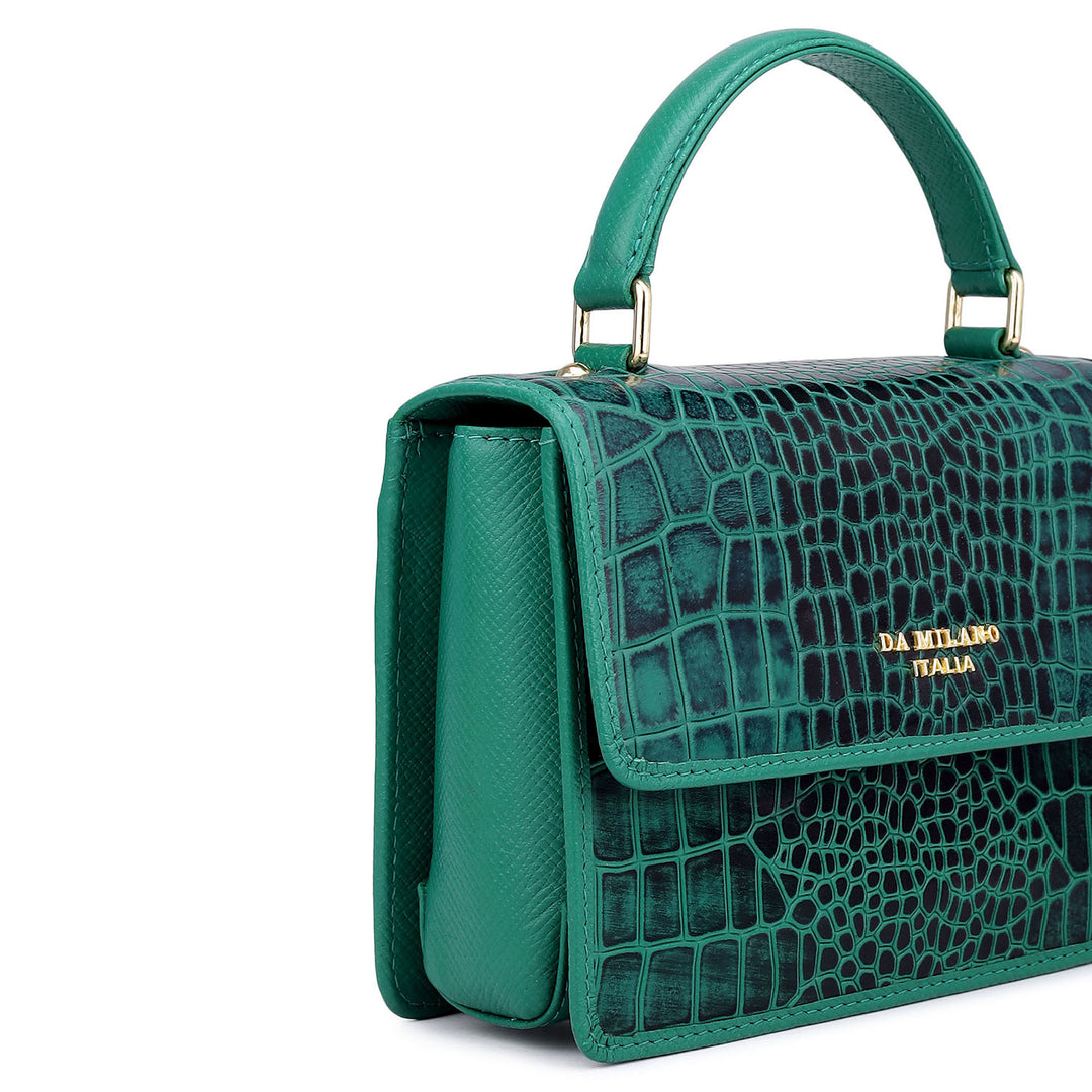 Small Croco Leather Satchel - Emerald Green