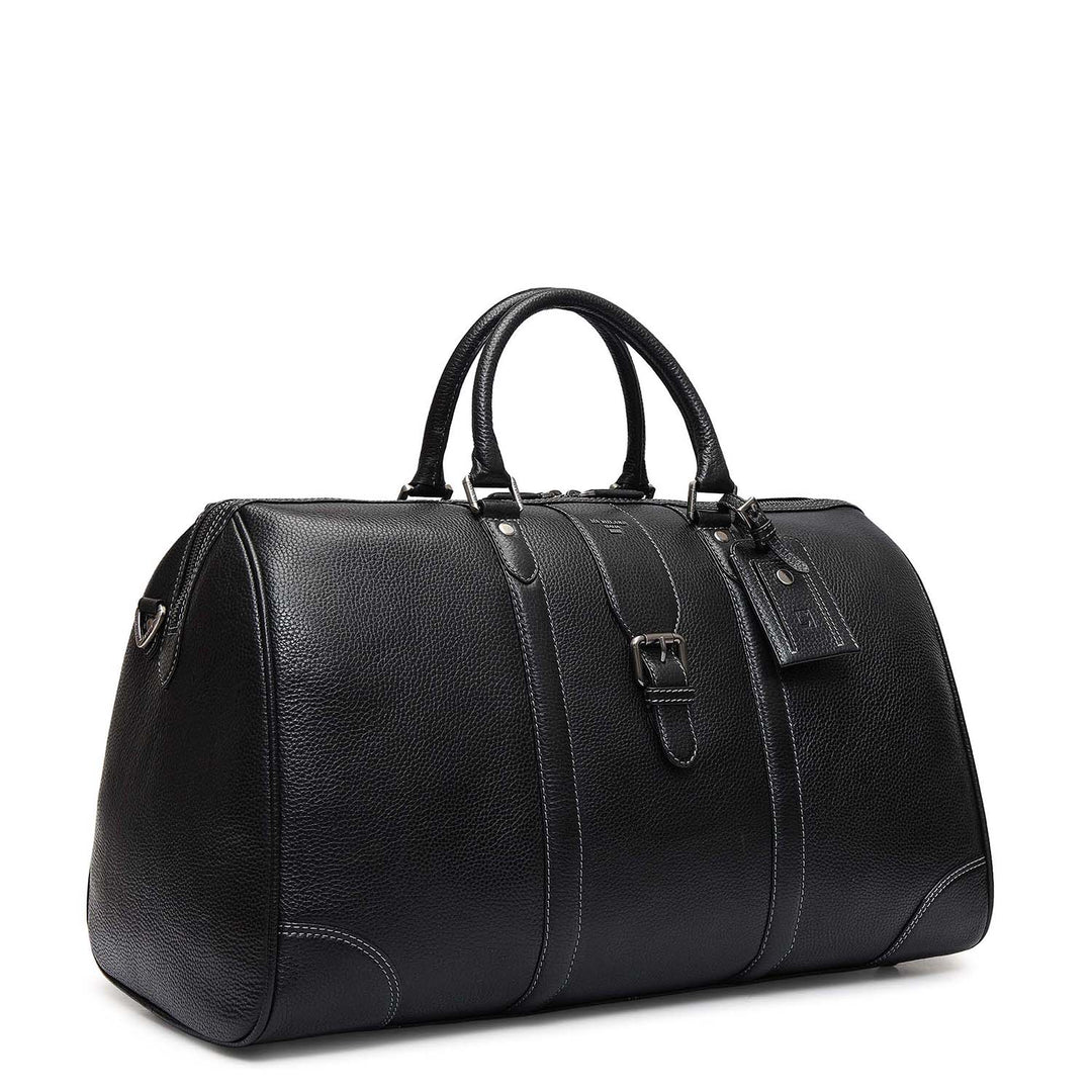 Wax Leather Luggage with Shoe Compartment - Black