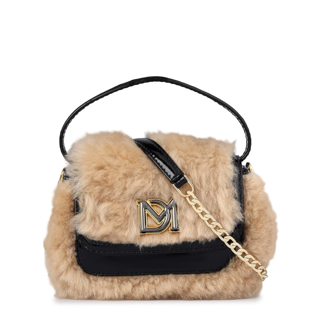 Small Fur Patent Leather Satchel - Beige