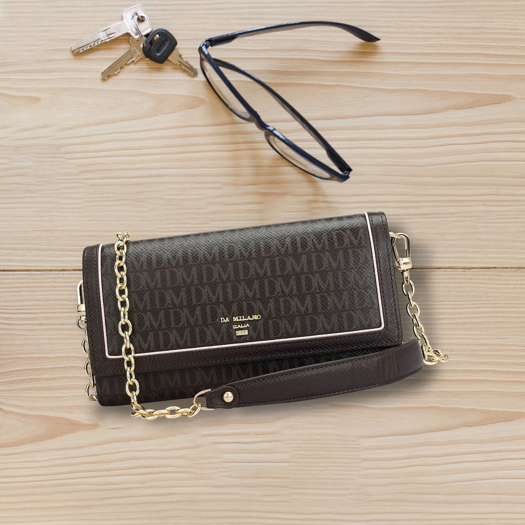 Monogram Leather Ladies Sling Wallet - Chocolate