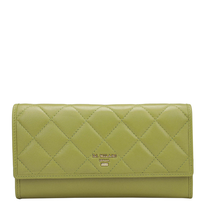 Quilting Plain Leather Ladies Wallet - Olive