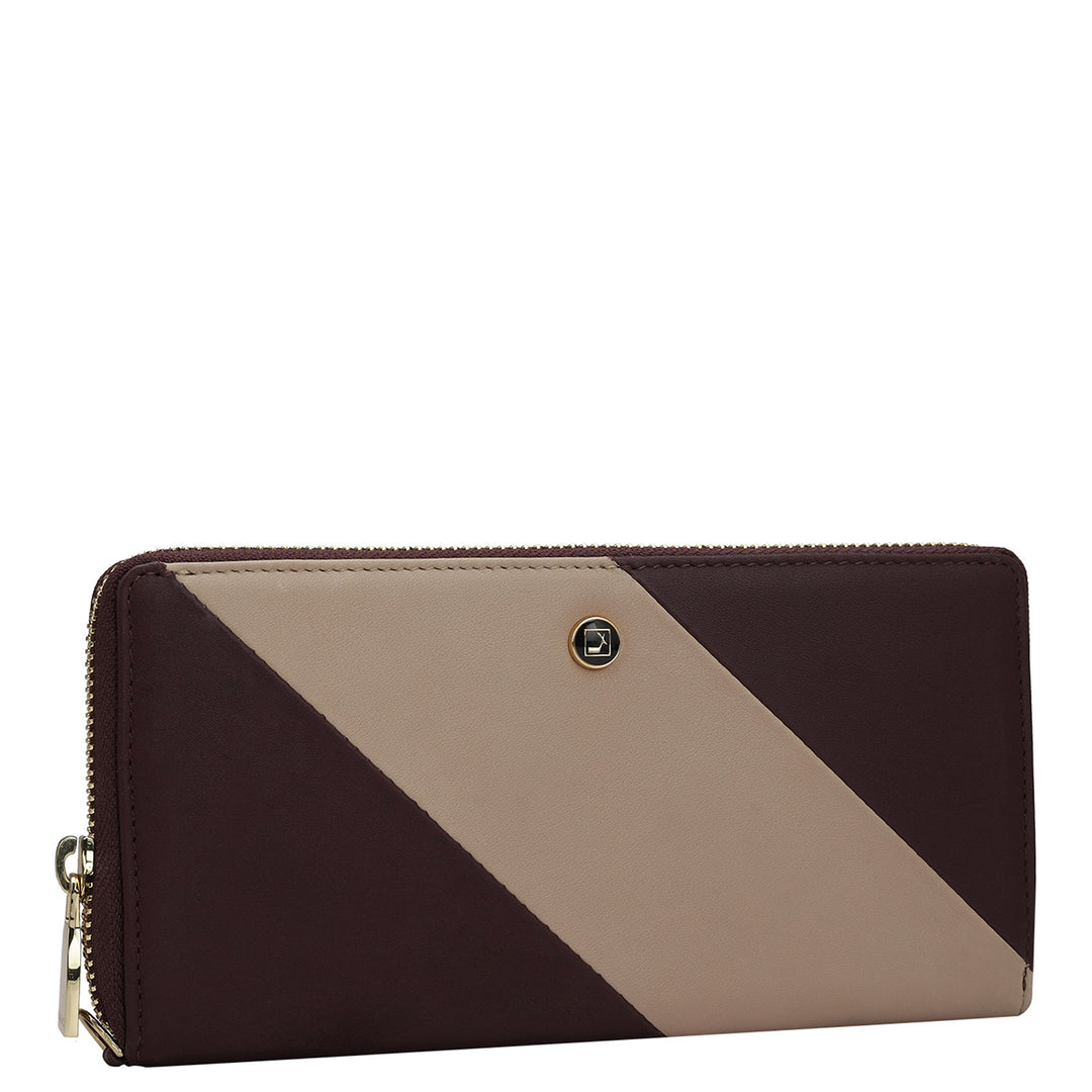 Plain Leather Ladies Wallet - Berry & Beige