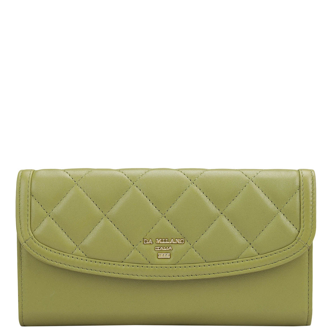 Quilting Plain Leather Ladies Wallet - Olive