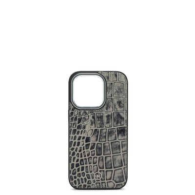 Grey Croco Leather Mobile Case - iPhone 14 Pro