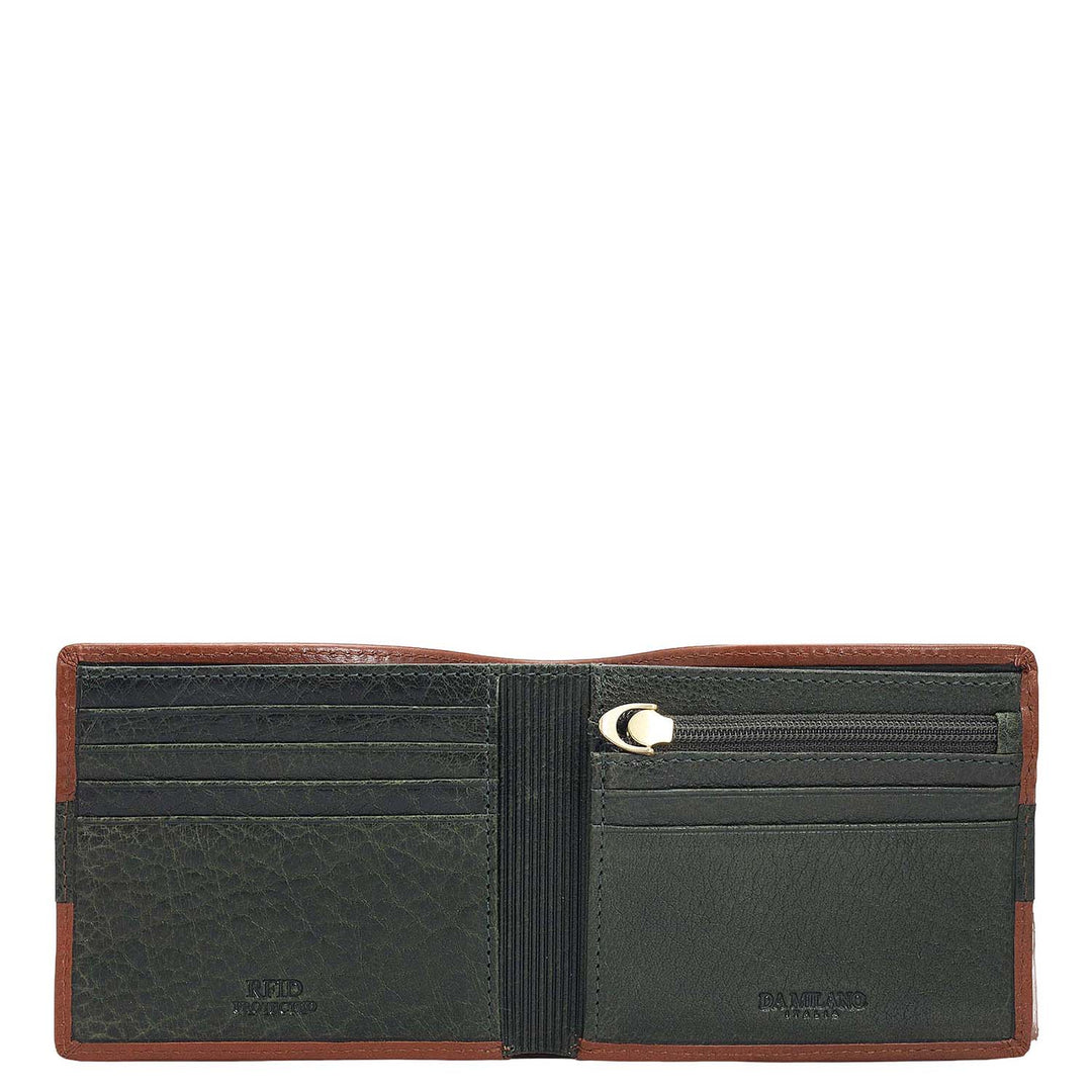 Cognac & Green Bifold Leather Mens Wallet