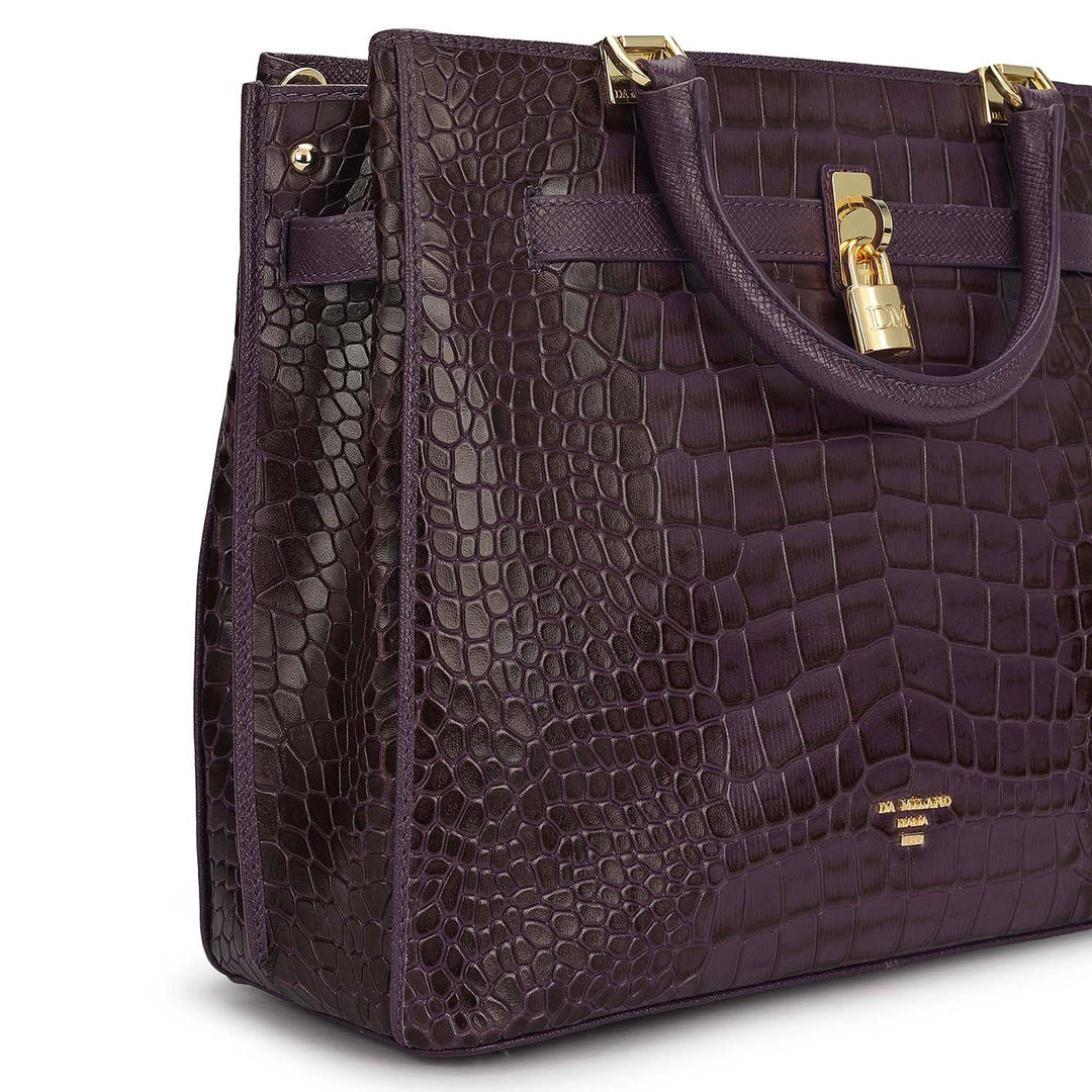 Medium Croco Leather Satchel - Grapevine