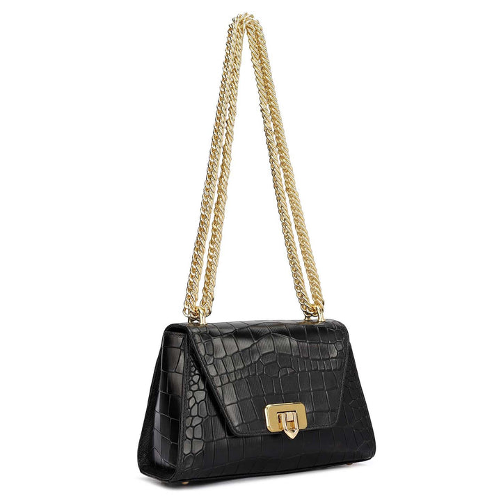 Small Croco Leather Satchel - Black