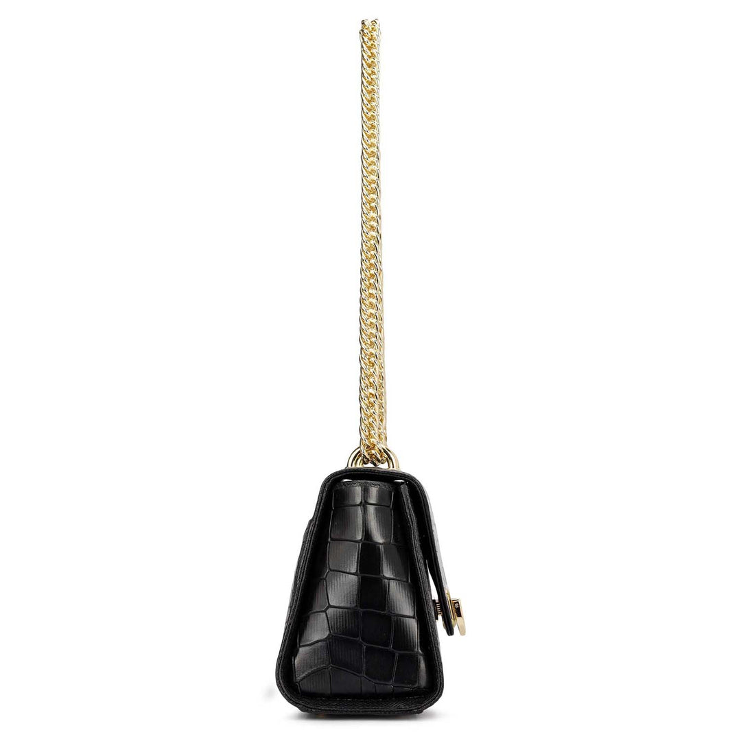 Small Croco Leather Satchel - Black