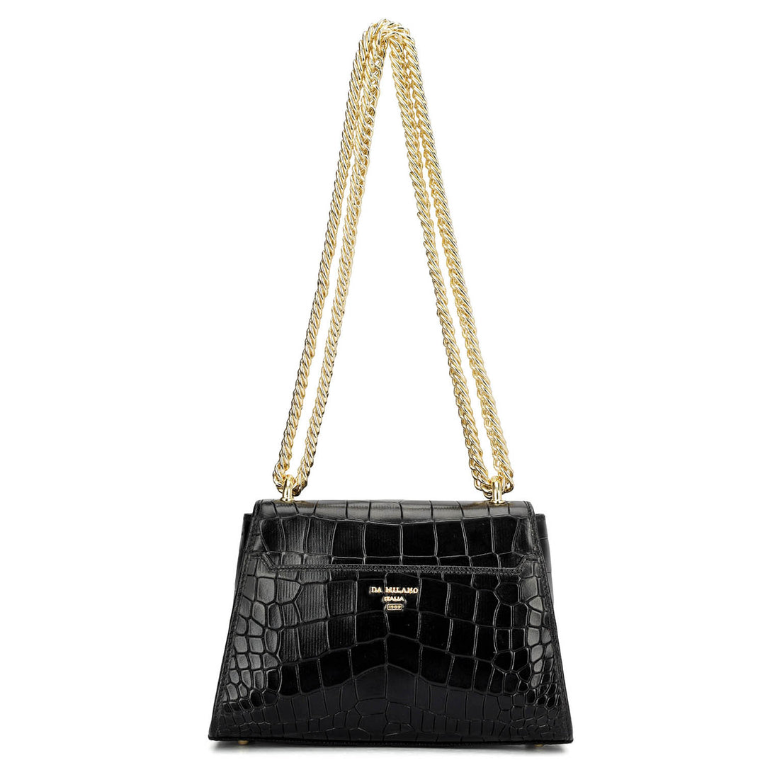 Small Croco Leather Satchel - Black