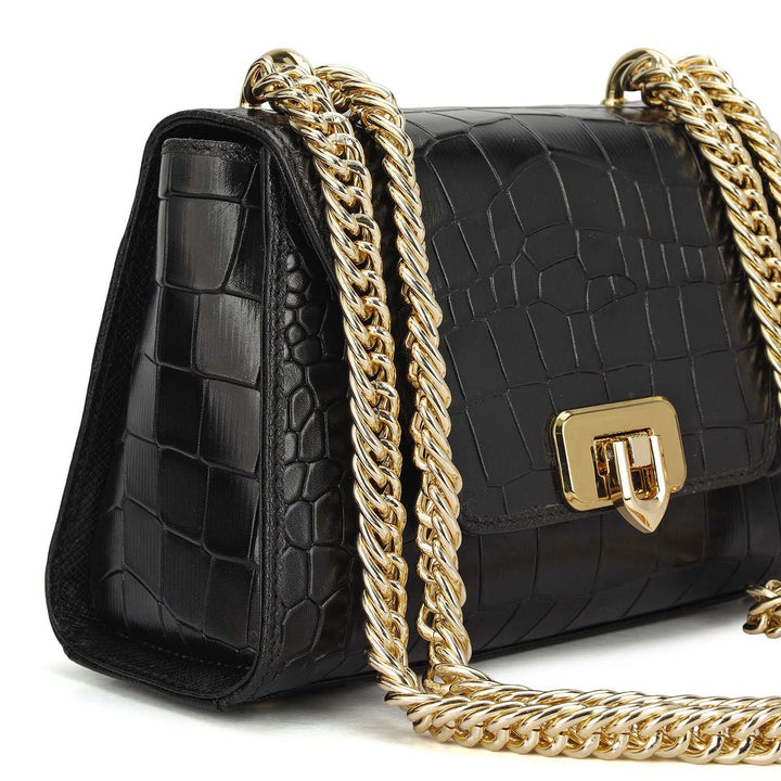Small Croco Leather Satchel - Black