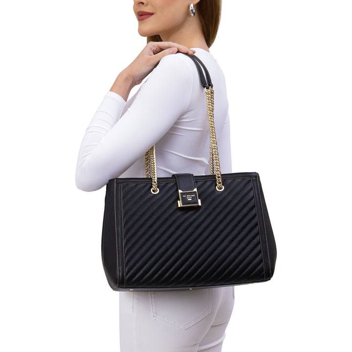 Medium Wax Stripe Leather Shoulder Bag - Black