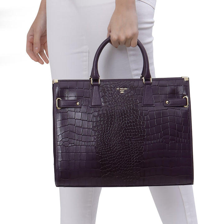 Large Croco Franzy Leather Satchel - Grapevine