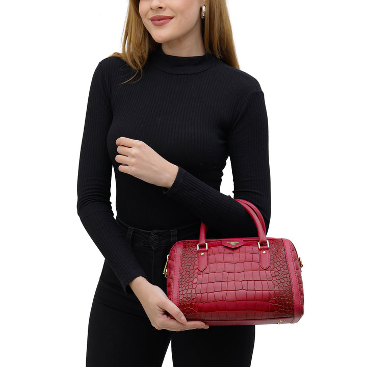 Medium Croco Leather Satchel - Plumberry