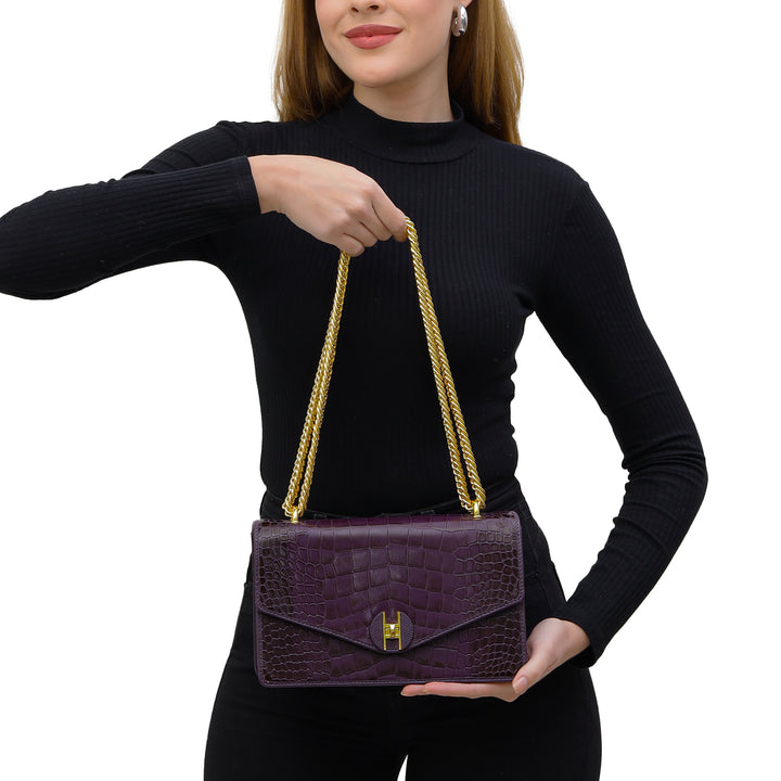 Small Croco Leather Shoulder Bag - Grapevine