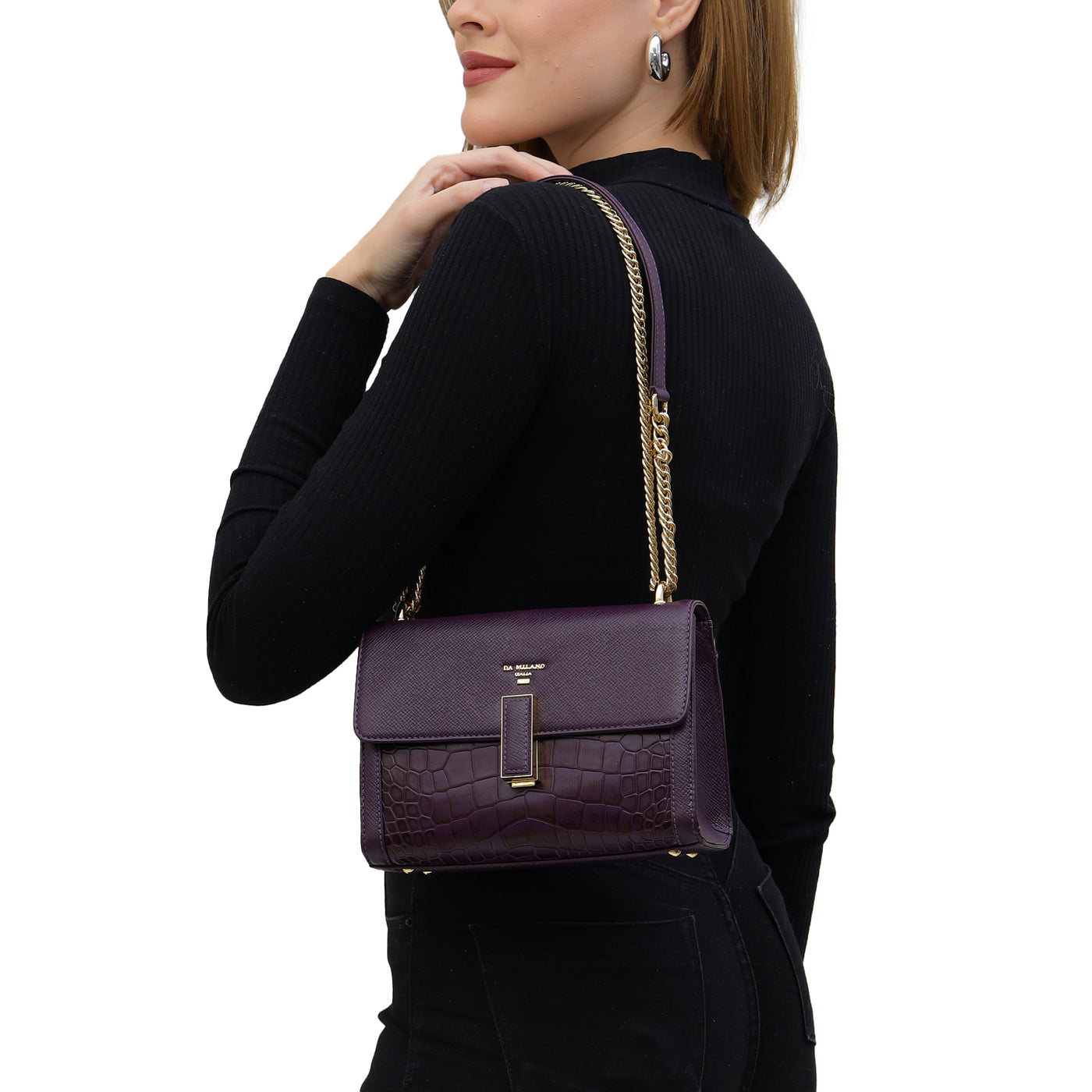 Small Franzy Croco Leather Shoulder Bag - Grapevine