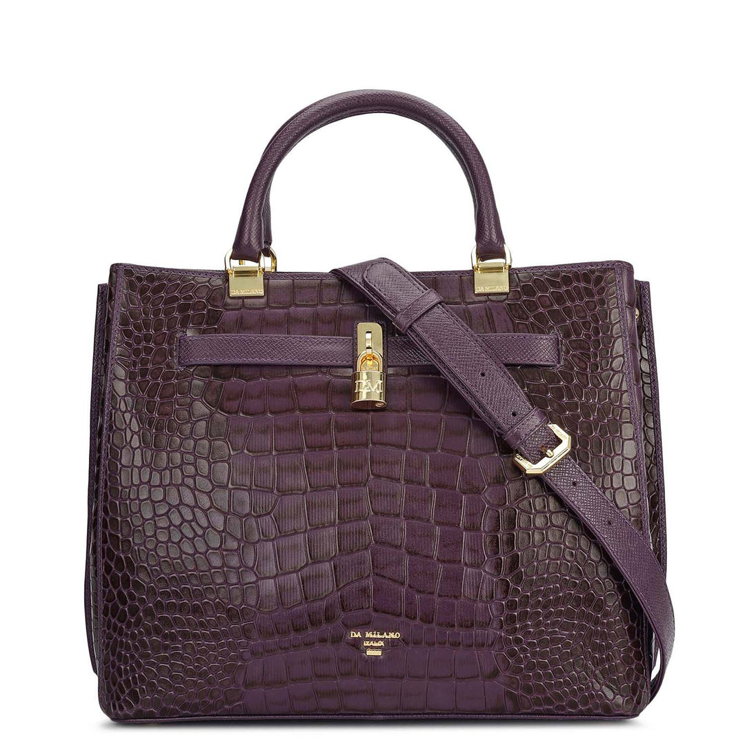 Medium Croco Leather Satchel - Grapevine