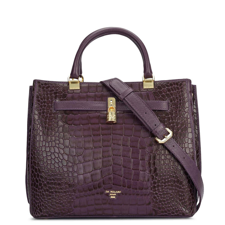 Medium Croco Leather Satchel - Grapevine