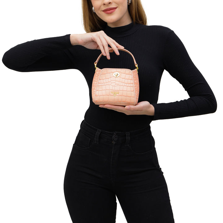 Small Croco Leather Satchel - Peach