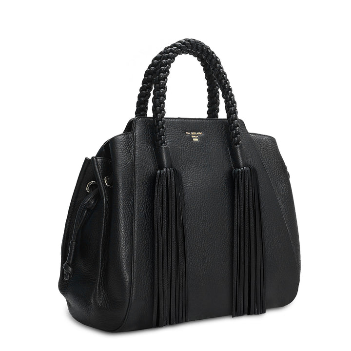 Medium Wax Leather Satchel - Black
